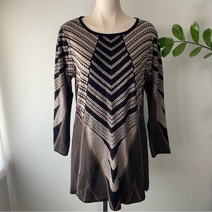 Minkas Knit Sweater Mini Dress Long Sleeve Brown Tan Black Size Medium